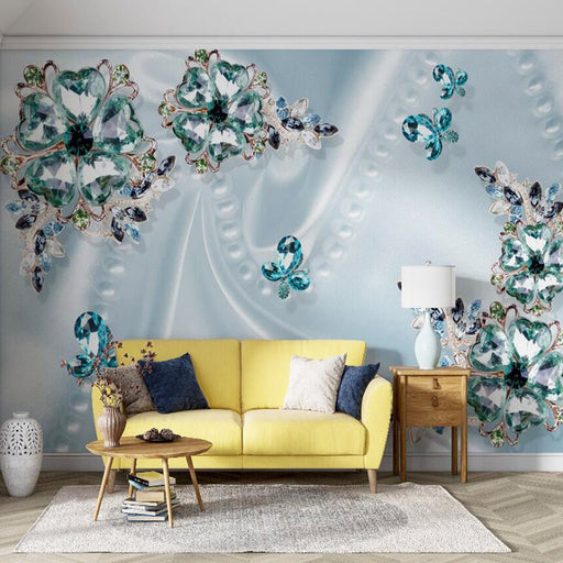 Blue gemstone floral dreamy style decorative mural | Wallpaper - Carving wallpaper