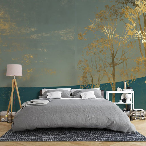 Blue Gold Tree Landscape Wallpaper Mural | Artistic Style - Carving wallpaper
