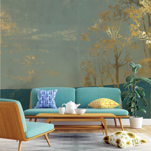 Blue Gold Tree Landscape Wallpaper Mural | Artistic Style - Carving wallpaper
