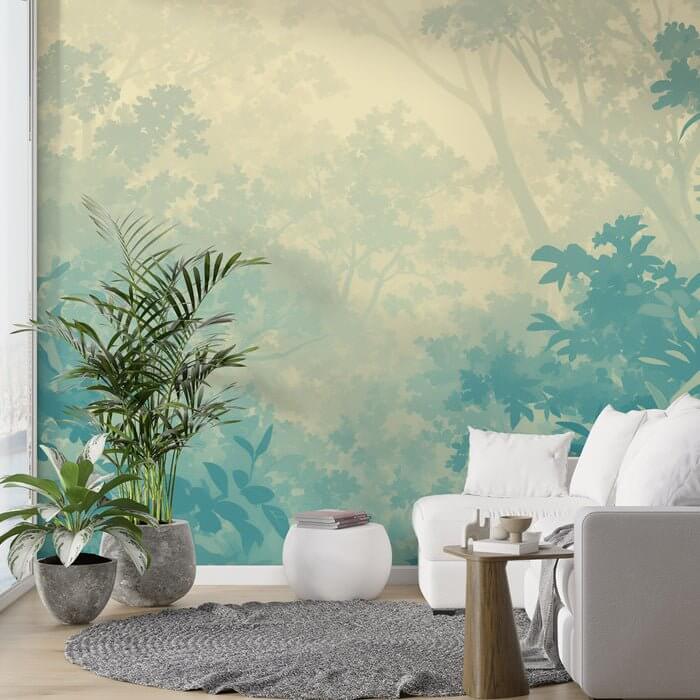 Blue-Green Misty Forest Wallpaper Mural | Tranquil Lush Plants | Nature-Inspired Décor - serene blue-green misty forest mural with lush plants and modern cozy living space
