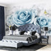 Blue Rose Marble Wallpaper | 3D Flower Theme Mural with elegant blue roses and marble textures in a luxurious bedroom