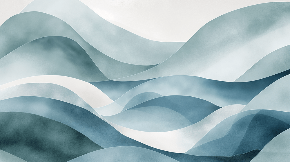 Blue wave wallpaper mural | Living room bedroom decorative wall - Misty blue ripple wallpaper with gradient blue and white, flowing gauze-like waves for a minimalist living room or soothing bedroom decor.