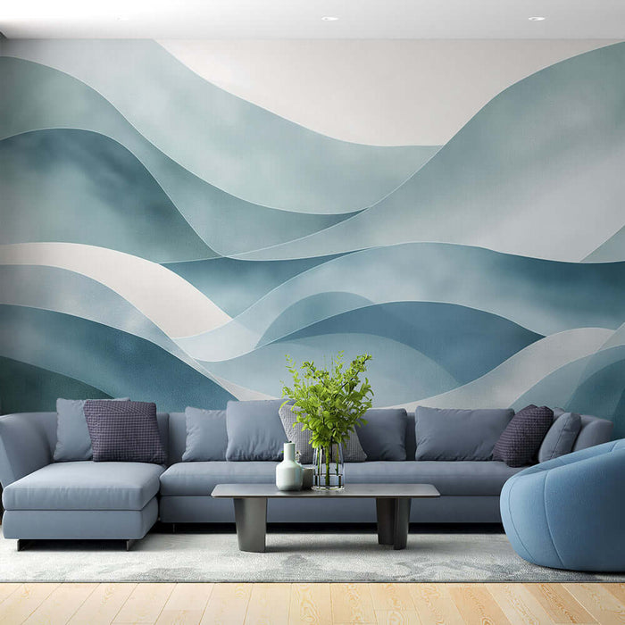 Blue wave wallpaper mural | Living room bedroom decorative wall - Misty blue ripple gradient wallpaper adds minimalist luxury and a soothing backdrop to modern living rooms and bedrooms