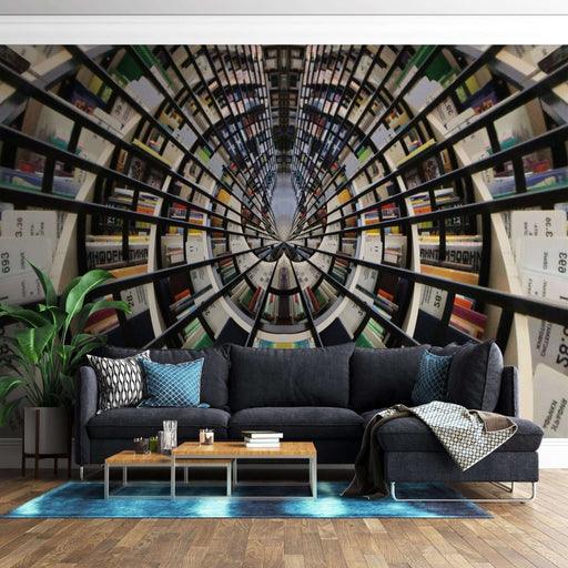 Bookshelf Wallpaper Mural | Spiral Library Tunnel Art | Modern Décor: immersive infinite library wallpaper mural with spiraling books creating depth in a contemporary living room setting
