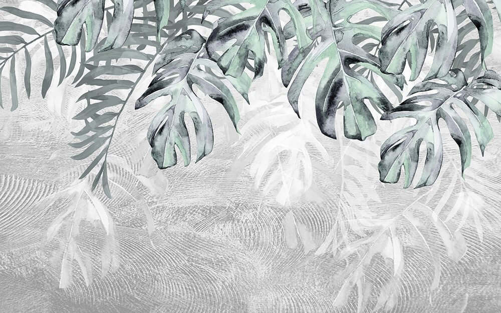 Botanical Watercolor Wallpaper Mural | Palm & Monstera Leaves | Soft Gray Modern Decor