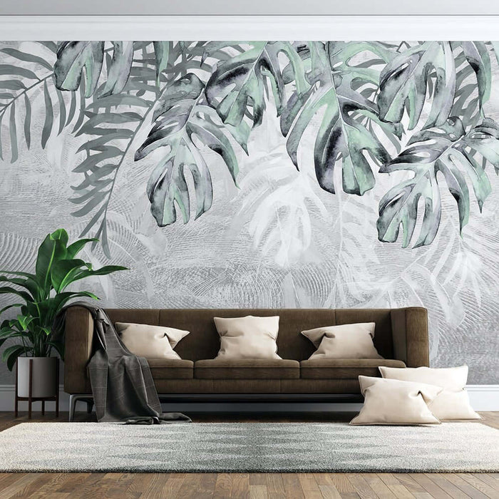 Botanical Watercolor Wallpaper Mural | Palm & Monstera Leaves | Soft Gray Modern Decor