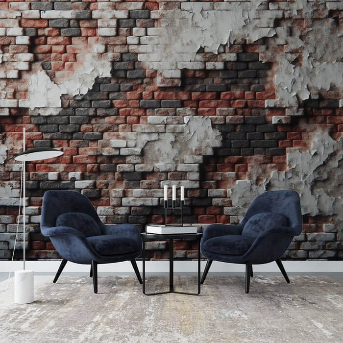Broken wall wallpaper mural | Colorful bricks featuring vintage weathered brick wall with peeling plaster for industrial bedroom or living room focal point