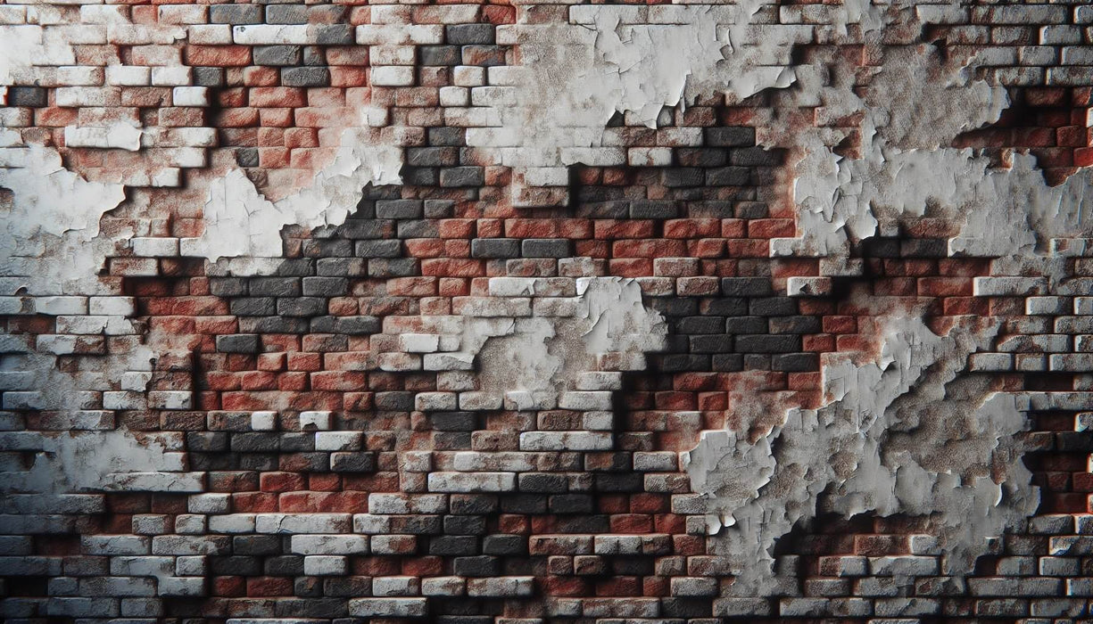 Broken wall wallpaper mural | Colorful bricks – vintage weathered brick wall with peeling plaster in red-brown, gray-black tones, industrial style for bedrooms or living rooms