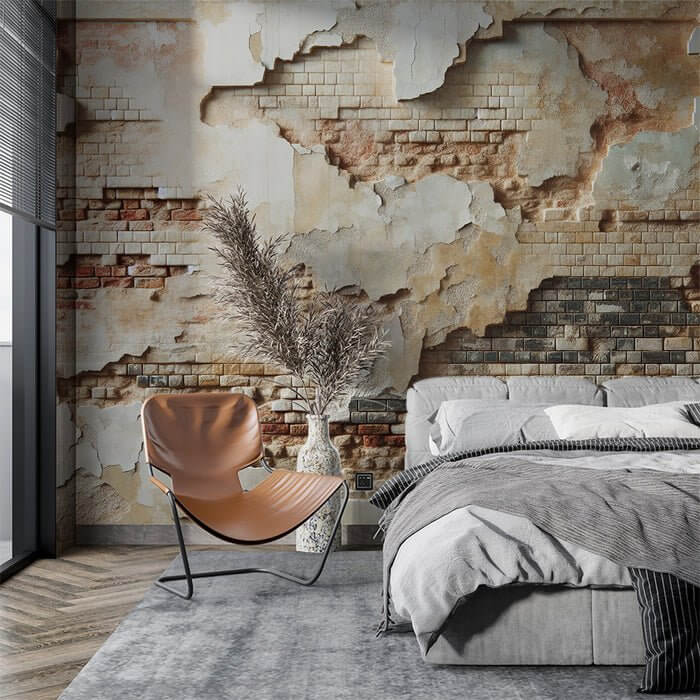 Broken wall wallpaper mural in a chic bedroom with exposed brick and peeling plaster, rustic tones, sculptural chair, and cozy gray bedding