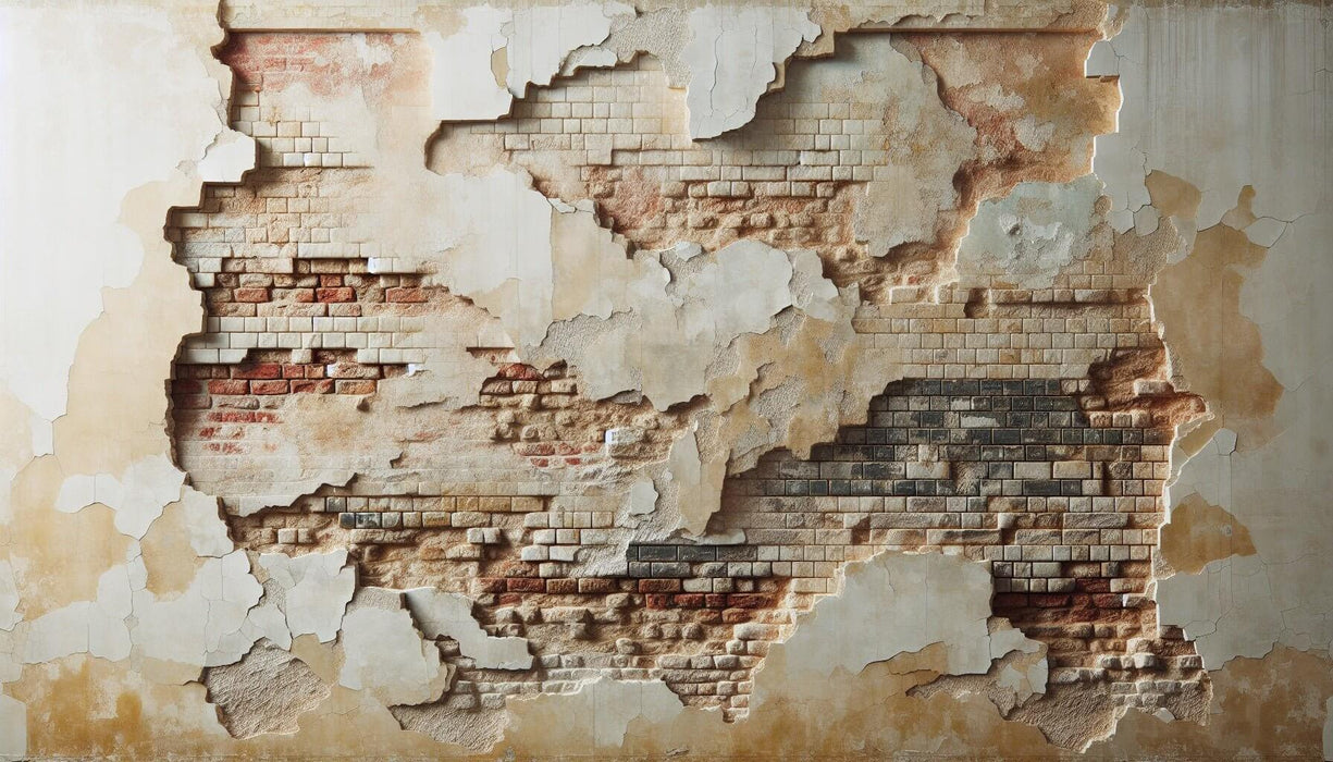 Broken wall wallpaper mural showcasing vintage weathered walls with peeling paint and exposed brick for an industrial rustic vibe