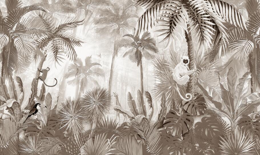 Brown Jungle Wallpaper Mural | toucan, palm monkey - Carving wallpaper