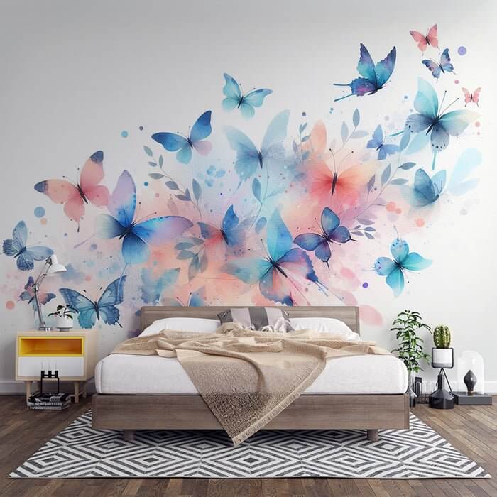 Butterfly Watercolor Wallpaper Mural | Dreamy Floral Elegance - Hand-Painted Effect