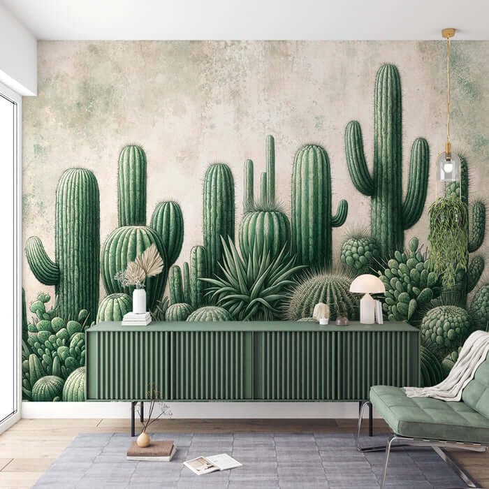 Cactus green plant wallpaper | Living room and bedroom decoration wall painting - vintage cacti wall mural with low saturation dark green tones for retro, wabi sabi styles