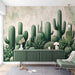 Cactus green plant wallpaper | Living room and bedroom decoration wall painting - vintage cacti wall mural with low saturation dark green tones for retro, wabi sabi styles