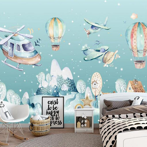 Cartoon airplane wallpaper mural | Airplane, hot air balloon, mountain peak children's wallpaper - Carving wallpaper