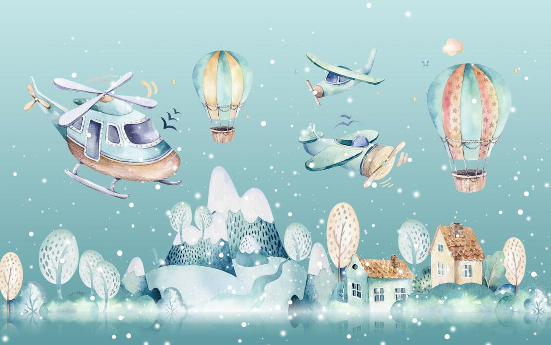 Cartoon airplane wallpaper mural | Airplane, hot air balloon, mountain peak children's wallpaper - Carving wallpaper