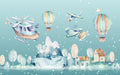 Cartoon airplane wallpaper mural | Airplane, hot air balloon, mountain peak children's wallpaper - Carving wallpaper