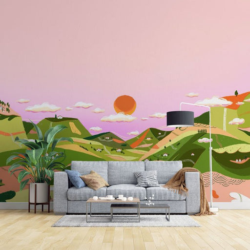Cartoon countryside scenery wallpaper mural | Pink sky landscape - Carving wallpaper