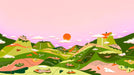 Cartoon countryside scenery wallpaper mural | Pink sky landscape - Carving wallpaper