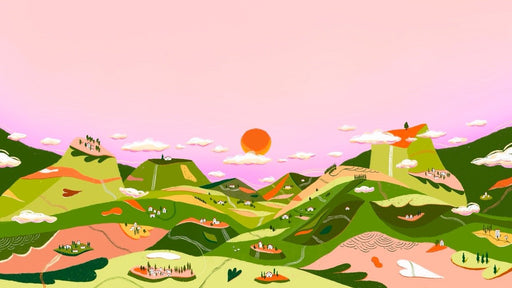Cartoon countryside scenery wallpaper mural | Pink sky landscape - Carving wallpaper