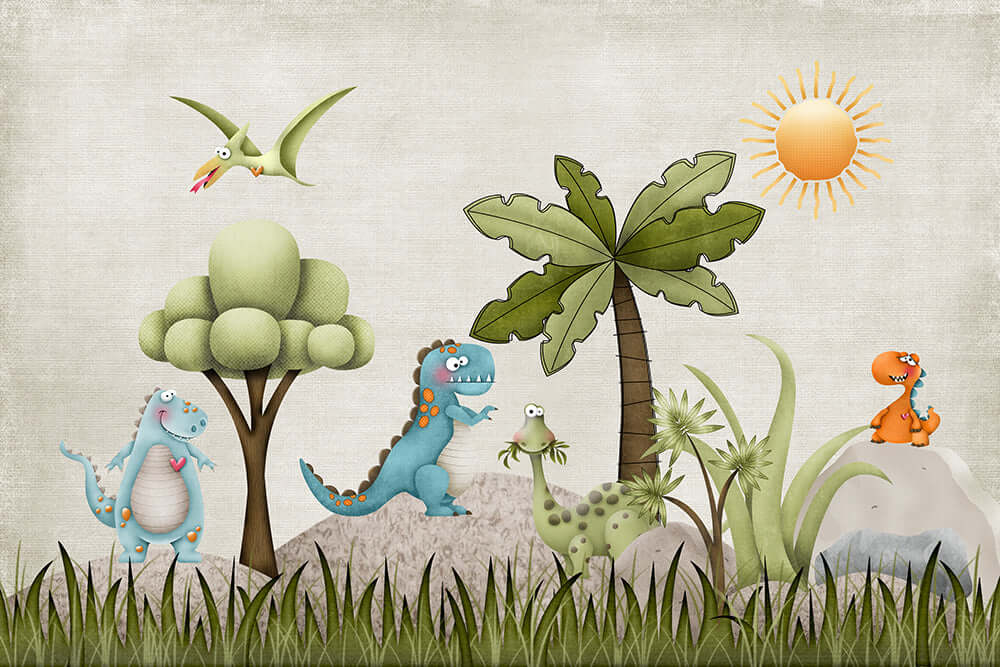 Cartoon dinosaur wallpaper| children's room parent-child atmosphere decorative wall: vibrant dinosaurs and playful scenery for kids’ rooms, parent-child interactive atmosphere