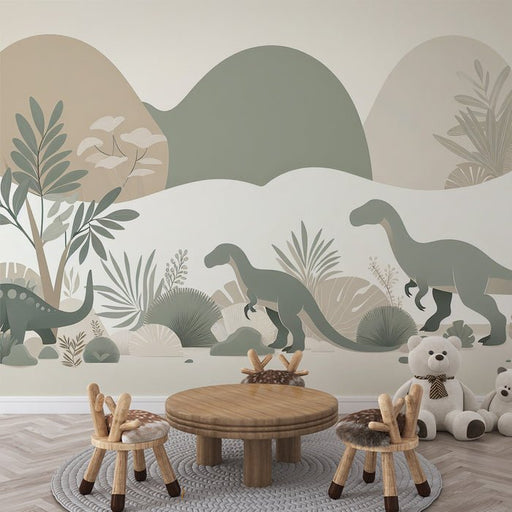 Cartoon dinosaur wallpaper mural | Green silhouette on white and neutral background - Carving wallpaper