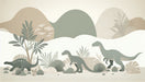 Cartoon dinosaur wallpaper mural | Green silhouette on white and neutral background - Carving wallpaper