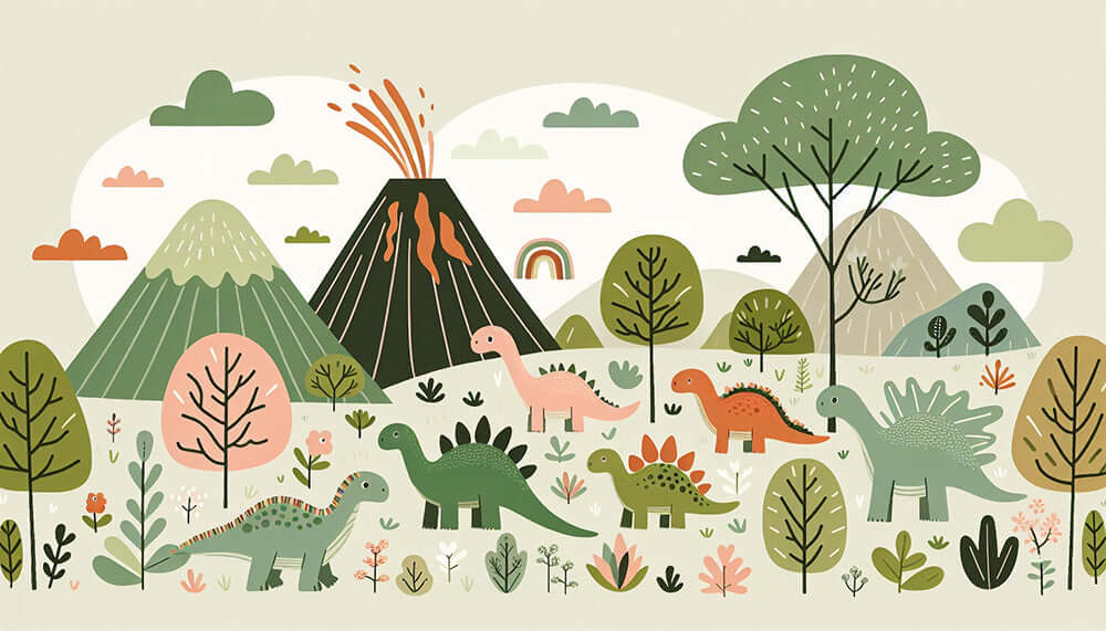 Cartoon Dinosaur Wallpaper Mural – Playful Kids Room Decor with Prehistoric Landscape