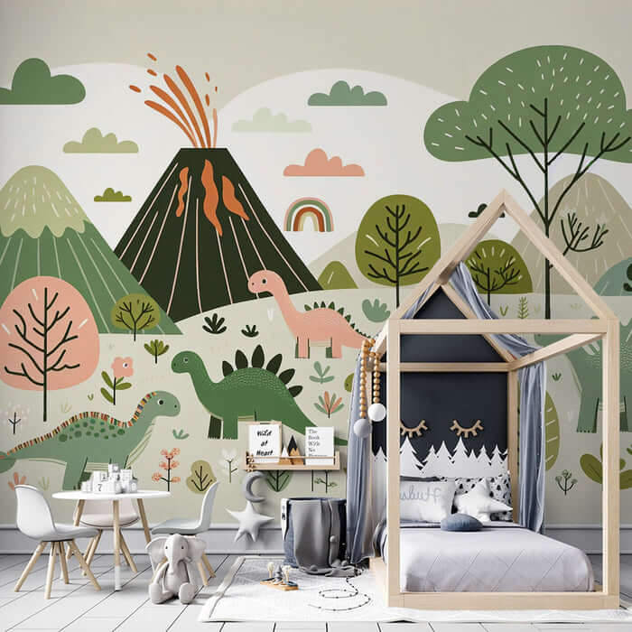 Cartoon Dinosaur Wallpaper Mural – Playful Kids Room Decor with Prehistoric Landscape