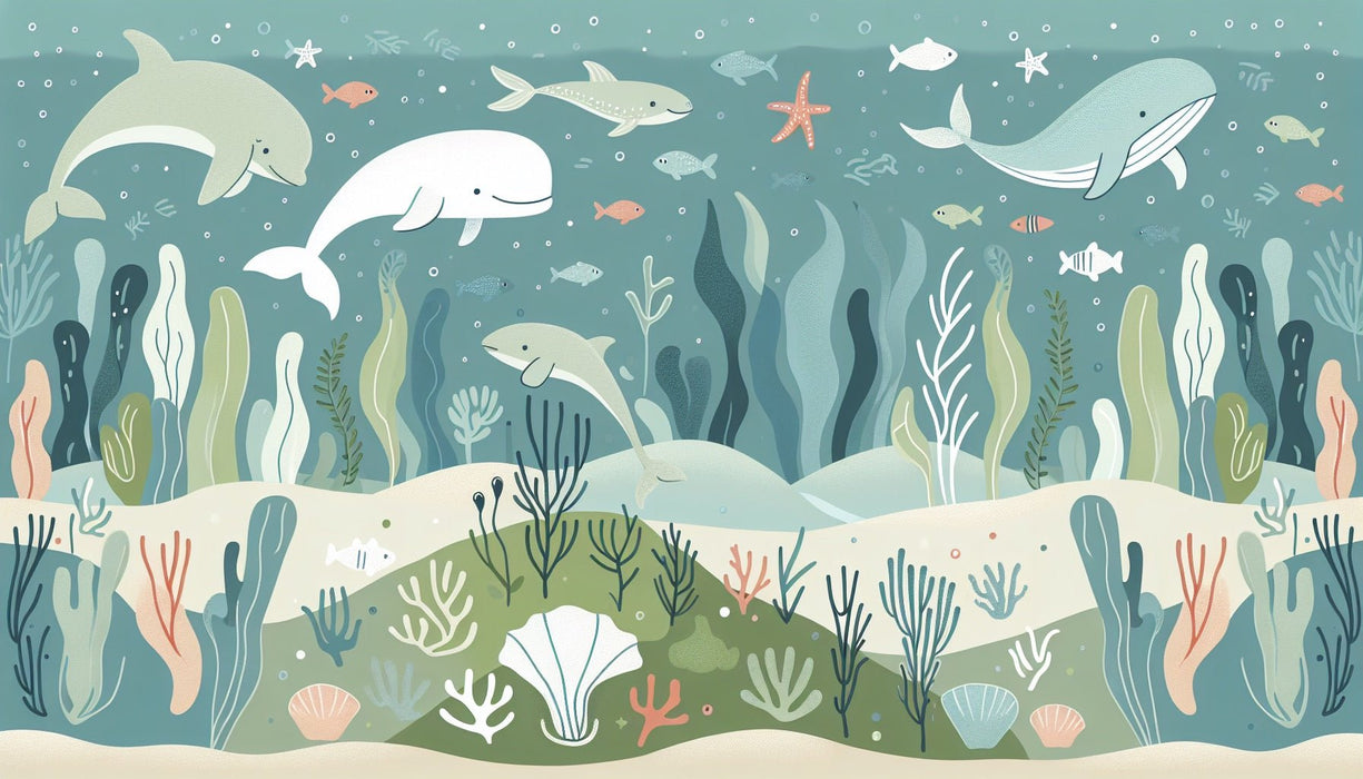 Cartoon marine life wallpaper mural | Dynamic dolphins, colorful small fish - Carving wallpaper