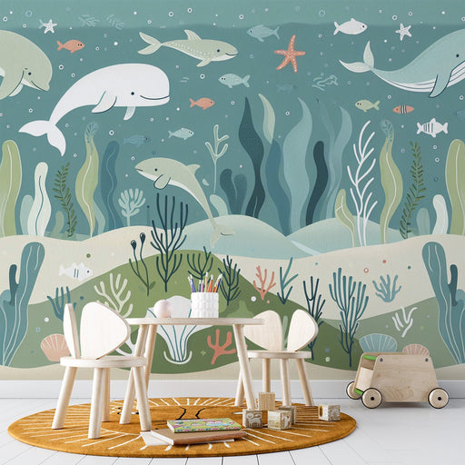 Cartoon marine life wallpaper mural | Dynamic dolphins, colorful small fish - Carving wallpaper