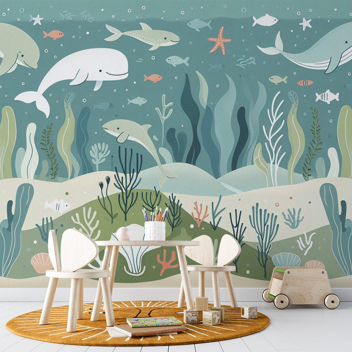 Cartoon marine life wallpaper mural | Dynamic dolphins, colorful small fish - Carving wallpaper