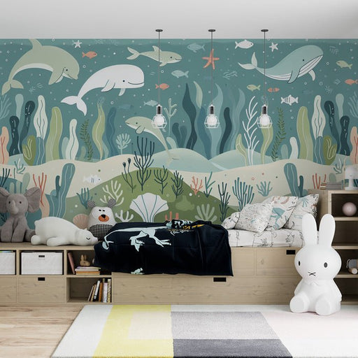 Cartoon marine life wallpaper mural | Dynamic dolphins, colorful small fish - Carving wallpaper