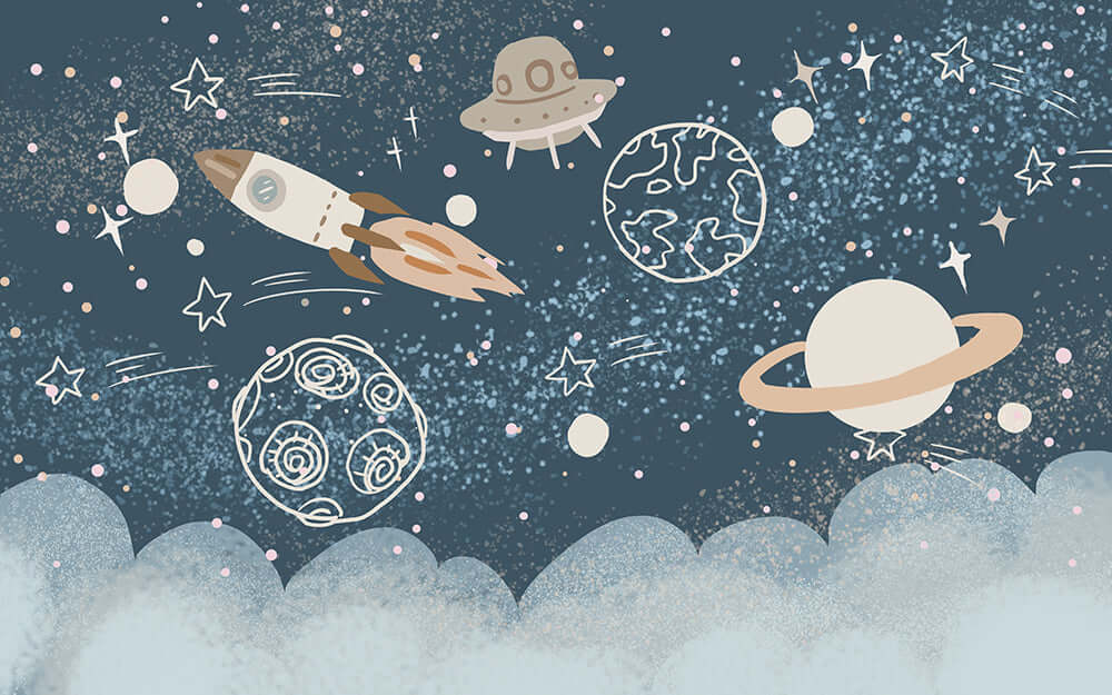 Cartoon Space Adventure Wallpaper – Dreamy Kids Room Decor