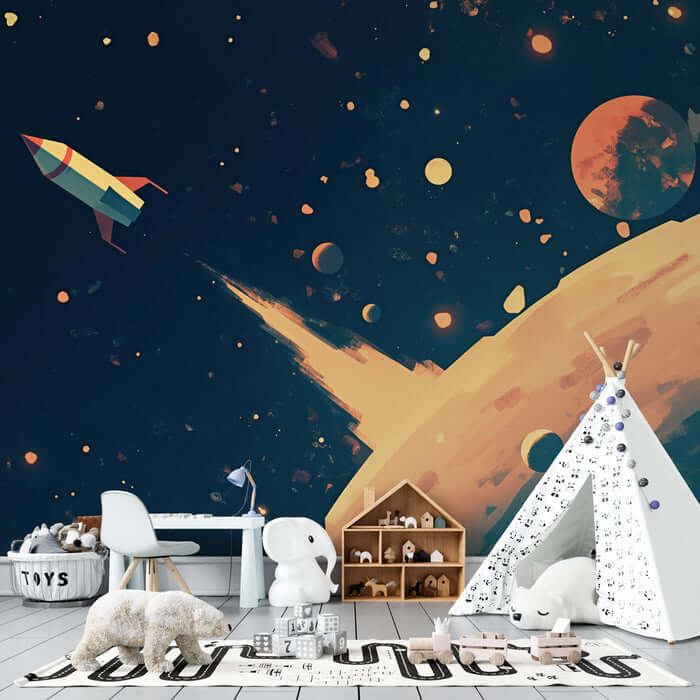 Cartoon Space Rocket Wallpaper Mural | Children's Room Bedroom Sci Fi Decorative Wall