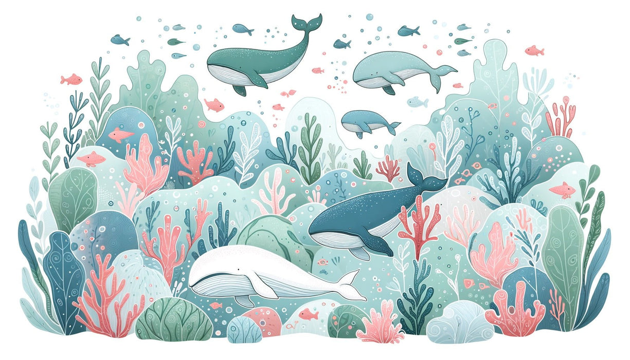 Cartoon Whale Wallpaper Mural | Pink Coral and Green Seaweed - Carving wallpaper