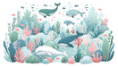 Cartoon Whale Wallpaper Mural | Pink Coral and Green Seaweed - Carving wallpaper