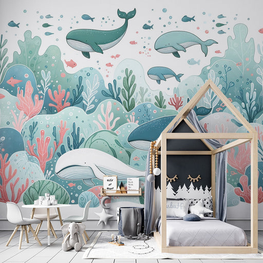 Cartoon Whale Wallpaper Mural | Pink Coral and Green Seaweed - Carving wallpaper