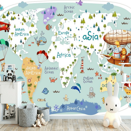 Cartoon world map wallpaper mural | full of children's fun - Carving wallpaper