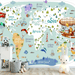 Cartoon world map wallpaper mural | full of children's fun - Carving wallpaper
