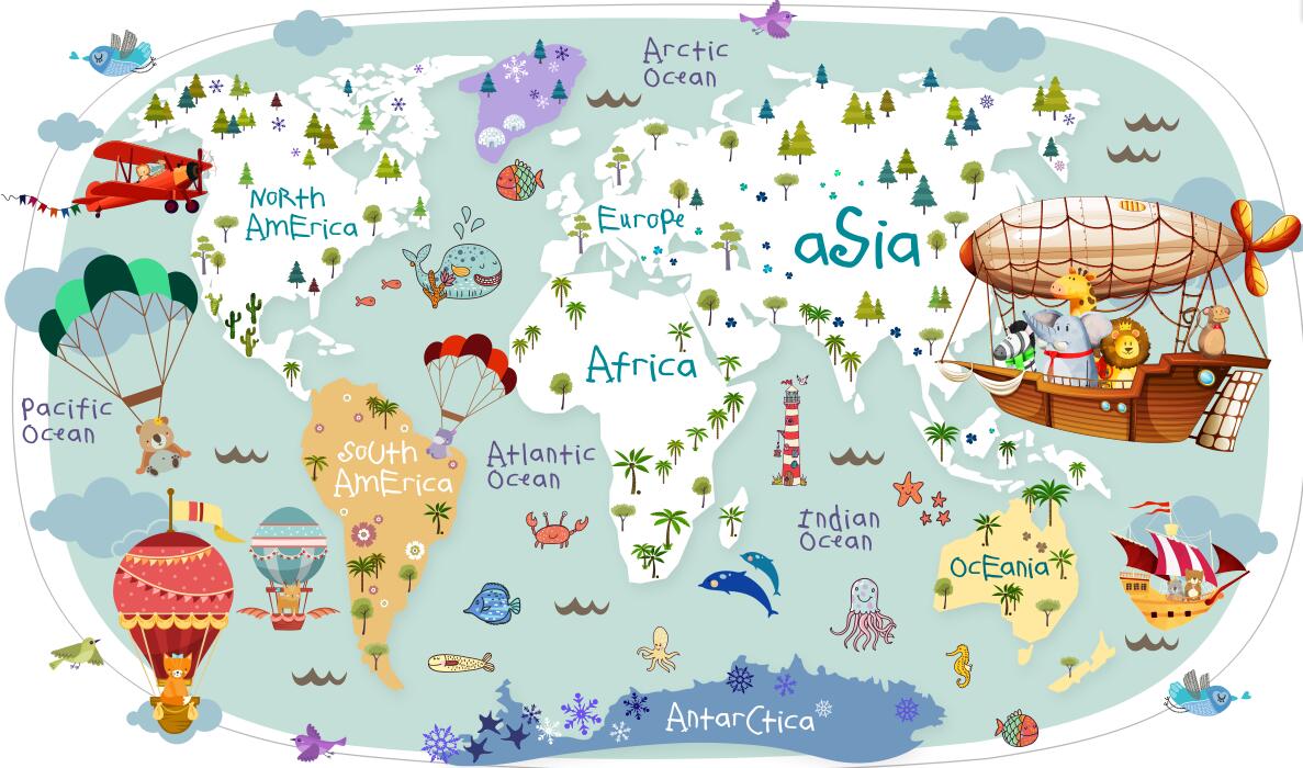 Cartoon world map wallpaper mural | full of children's fun - Carving wallpaper