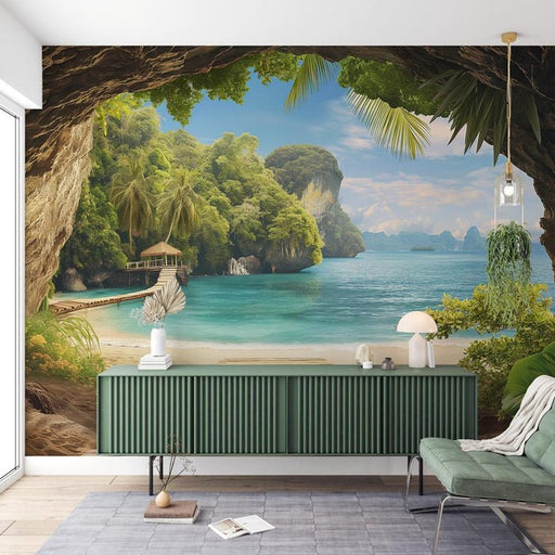 Cave sea view wallpaper mural | Tropical island scenery - Carving wallpaper