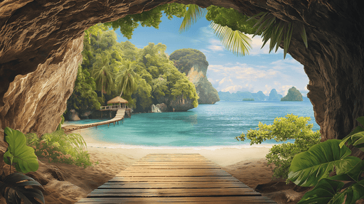 Cave sea view wallpaper mural | Tropical island scenery - Carving wallpaper