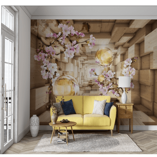 Cherry blossom branches wallpaper mural | wood block structure creates a maze - Carving wallpaper