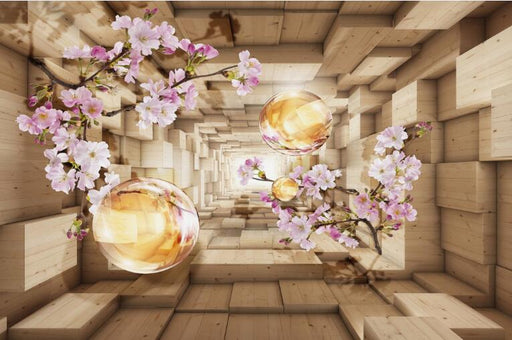 Cherry blossom branches wallpaper mural | wood block structure creates a maze - Carving wallpaper