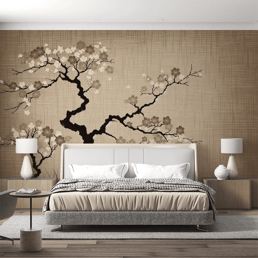 Cherry Blossom Wallpaper Mural | Beige Background and Brown Cherry Blossoms - Carving wallpaper