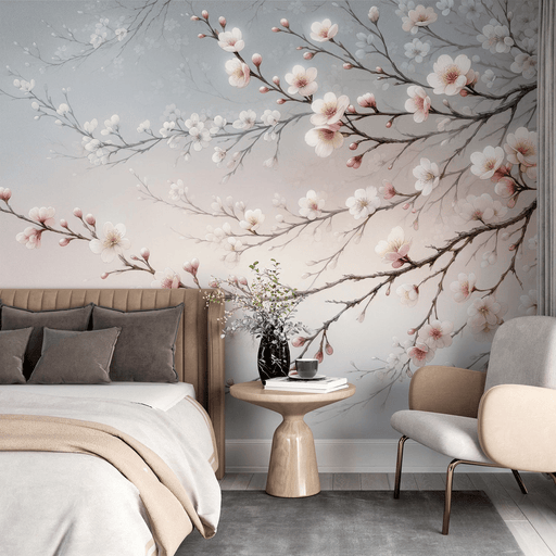 Cherry blossom wallpaper with pink flowers and gradient background of Japanese trees - Carving wallpaper