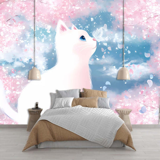 Cherry Blossom White Cat Wallpaper Mural | Bedroom, Girl Decoration Painting - dreamy pink blossoms with white cat, healing atmosphere for bedroom decor