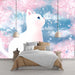 Cherry Blossom White Cat Wallpaper Mural | Bedroom, Girl Decoration Painting - dreamy pink blossoms with white cat, healing atmosphere for bedroom decor