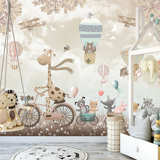 Childhood Fun Forest Landscape Wallpaper | Children's Room Decorative Mural — whimsical animal parade, hot air balloon adventure, forest backdrop for a fairy-tale playroom